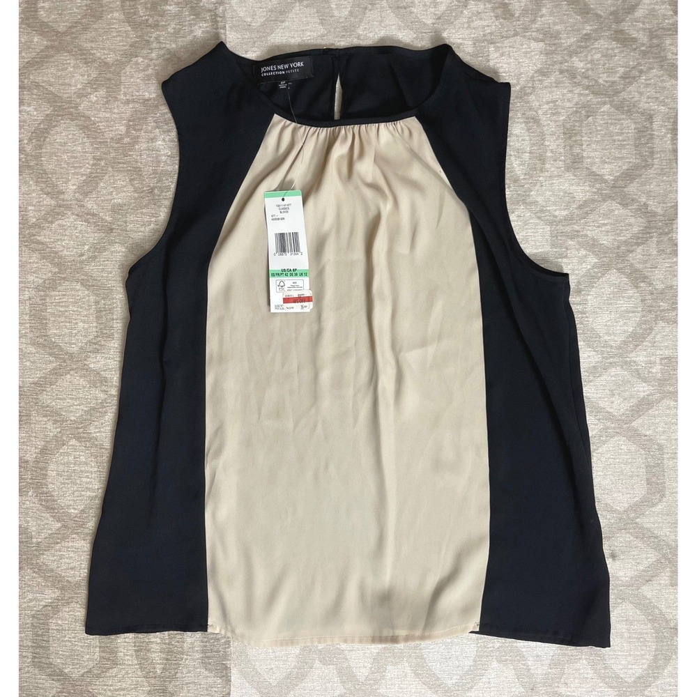 Jones New York Collection Petite 8P Colorblock Sleeveless Shell Blouse Black NWT